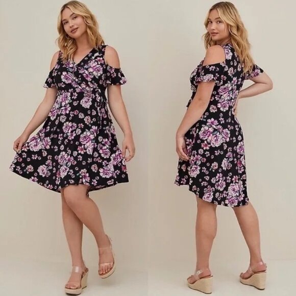 torrid Dresses & Skirts - Torrid 2 Black Floral Mini Studio Knit Cold Shoulder Wrap Dress 2X 18 20